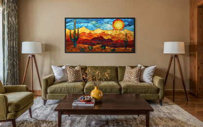 Desert Wall Art – Southwestern Decor Framed Canvas With Stained Glass Style