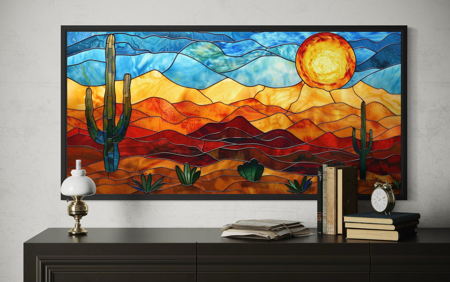 Desert Wall Art – Southwestern Decor Framed Canvas With Stained Glass Style