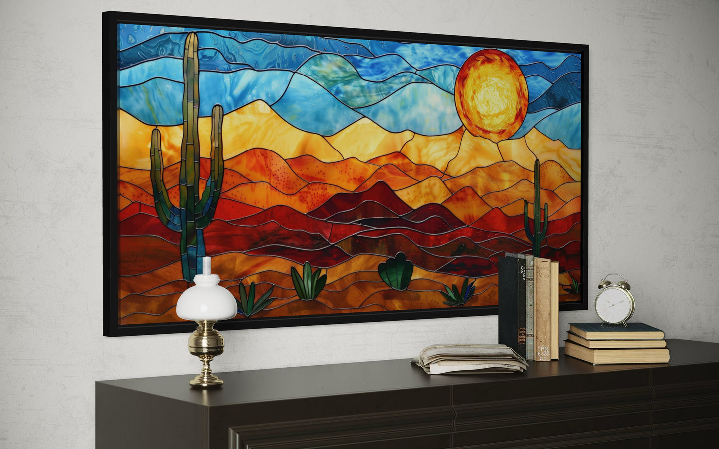 Desert Wall Art – Southwestern Decor Framed Canvas With Stained Glass Style