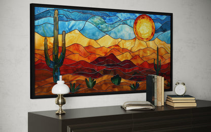 Desert Wall Art – Southwestern Decor Framed Canvas With Stained Glass Style