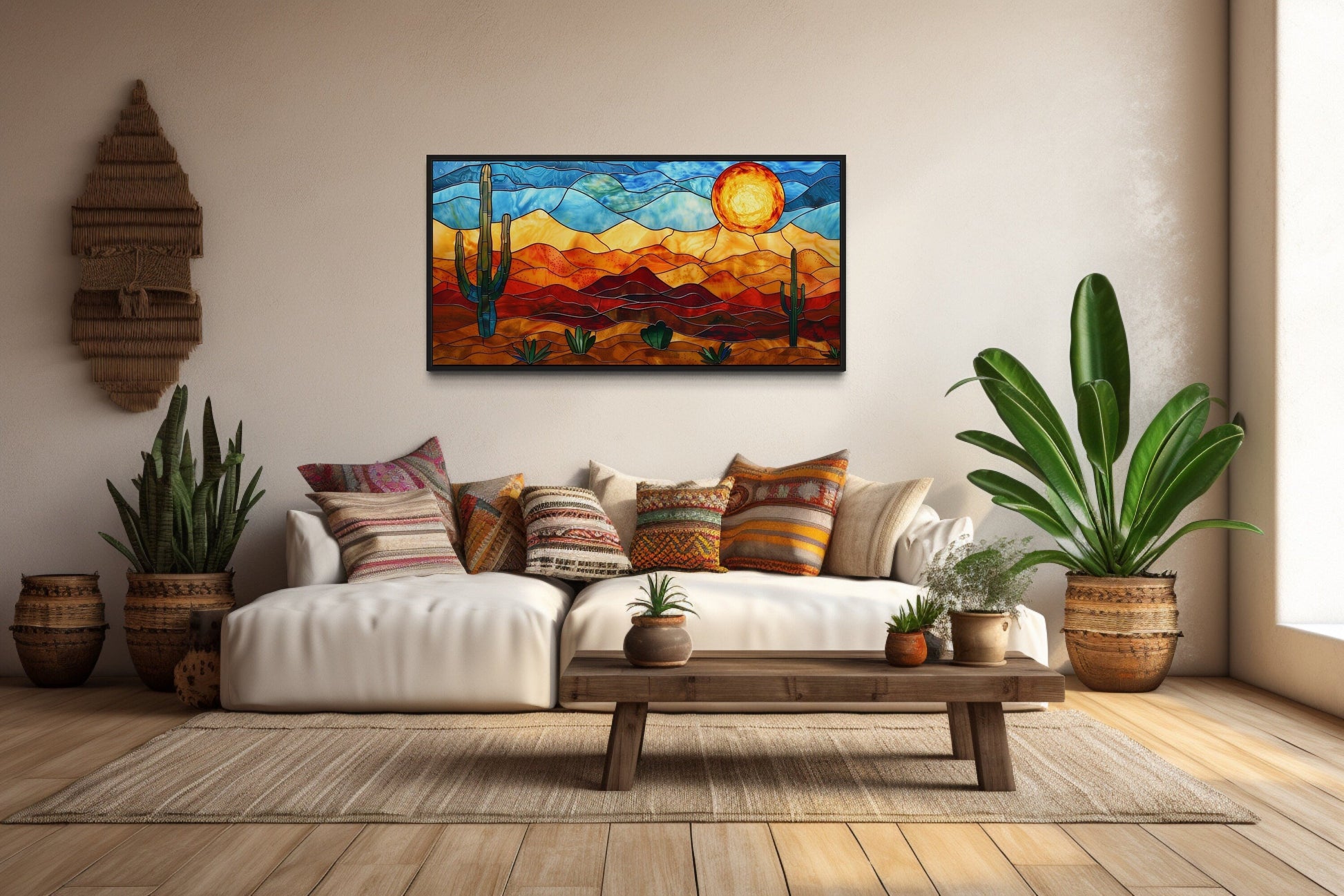 Desert Wall Art – Southwestern Decor Framed Canvas With Stained Glass Style