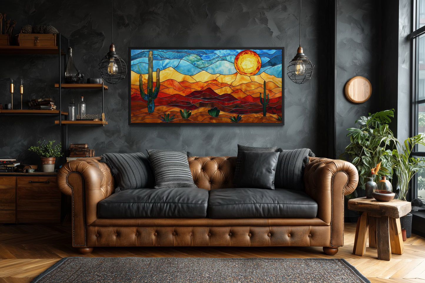 Desert Wall Art – Southwestern Decor Framed Canvas With Stained Glass Style