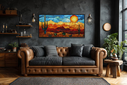Desert Wall Art – Southwestern Decor Framed Canvas With Stained Glass Style