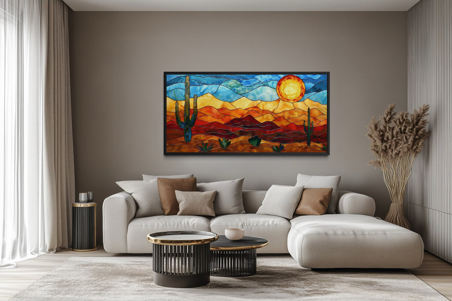 Desert Wall Art – Southwestern Decor Framed Canvas With Stained Glass Style