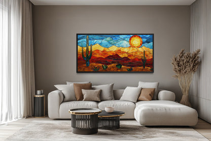 Desert Wall Art – Southwestern Decor Framed Canvas With Stained Glass Style