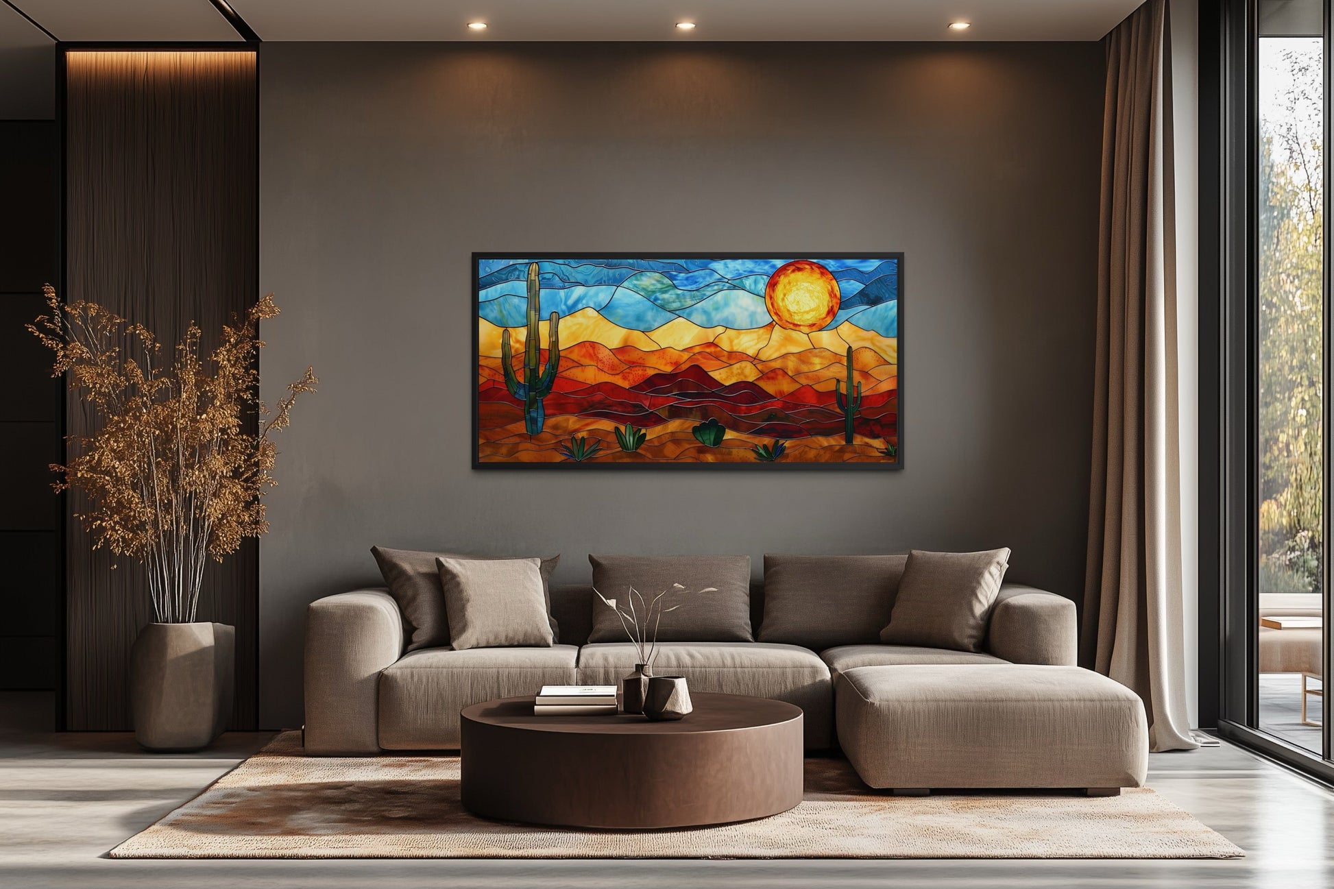 Desert Wall Art – Southwestern Decor Framed Canvas With Stained Glass Style