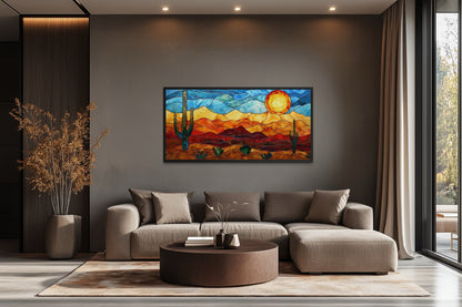 Desert Wall Art – Southwestern Decor Framed Canvas With Stained Glass Style