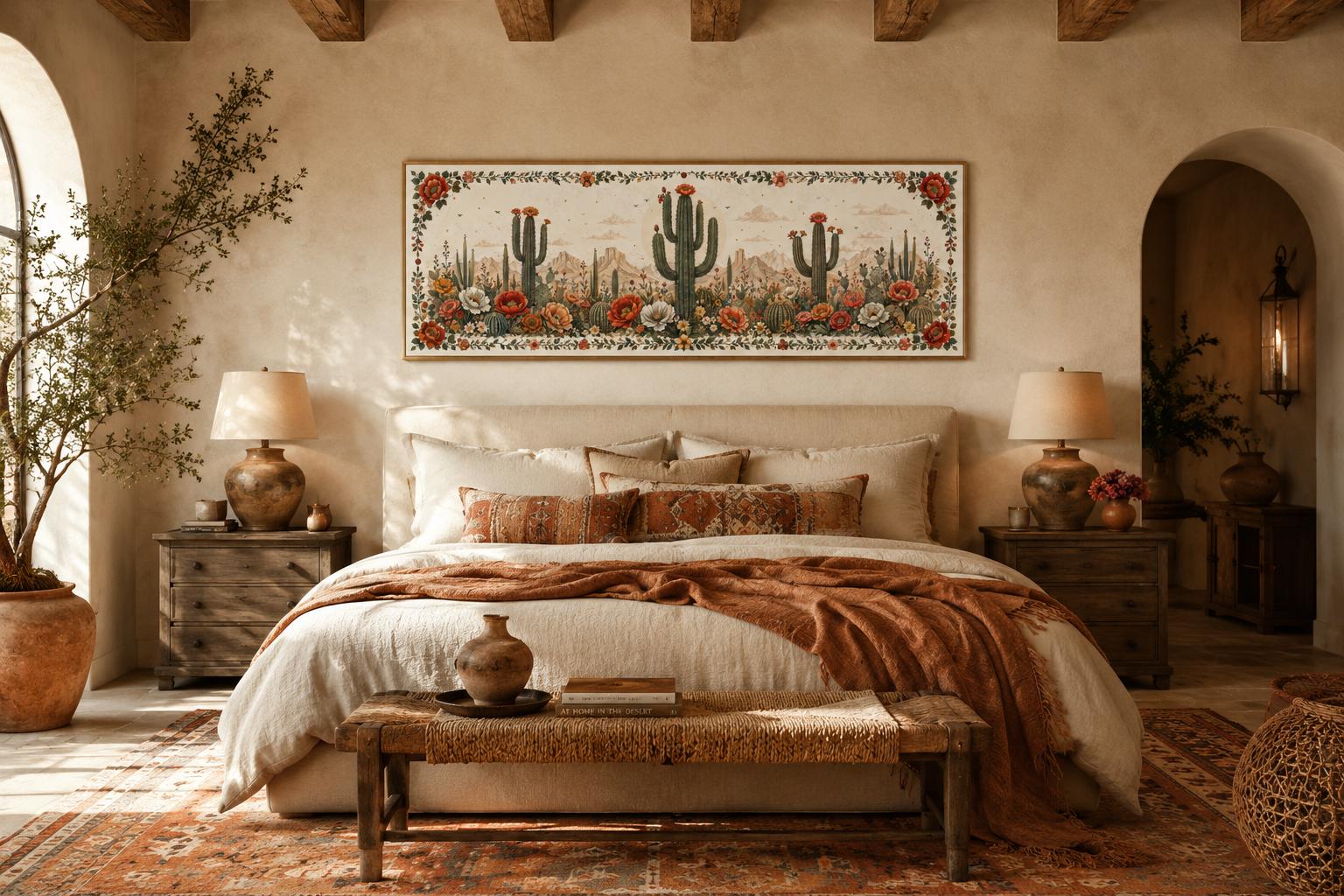 Desert With Blooming Cacti Long Narrow Canvas Wall Art for Southwestern Rooms