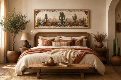 Desert With Blooming Cacti Long Narrow Canvas Wall Art for Southwestern Rooms