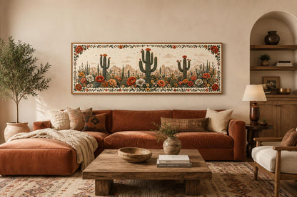 Desert With Blooming Cacti Long Narrow Canvas Wall Art for Southwestern Rooms