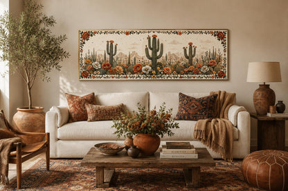 Desert With Blooming Cacti Long Narrow Canvas Wall Art for Southwestern Rooms