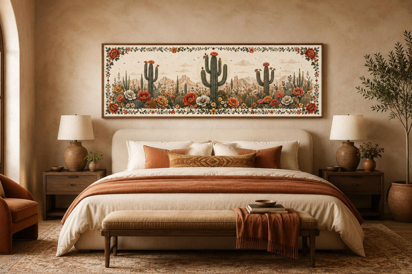 Desert With Blooming Cacti Long Narrow Canvas Wall Art for Southwestern Rooms