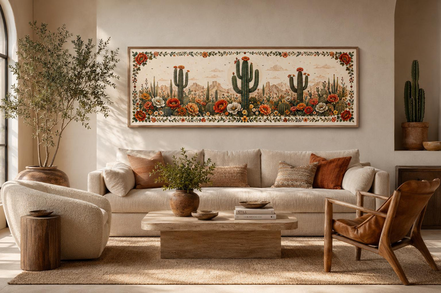 Desert With Blooming Cacti Long Narrow Canvas Wall Art for Southwestern Rooms