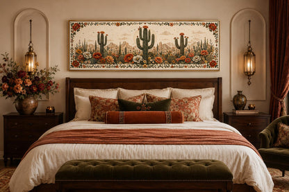 Desert With Blooming Cacti Long Narrow Canvas Wall Art for Southwestern Rooms