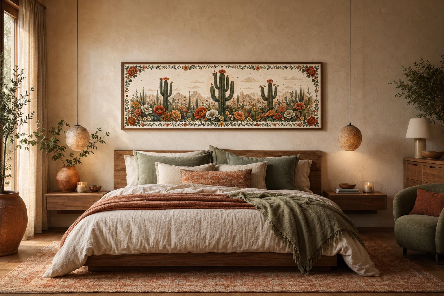 Desert With Blooming Cacti Long Narrow Canvas Wall Art for Southwestern Rooms