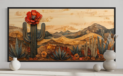 Desert With Blooming Cactus Southwestern Wood Style Framed Canvas Wall Art
