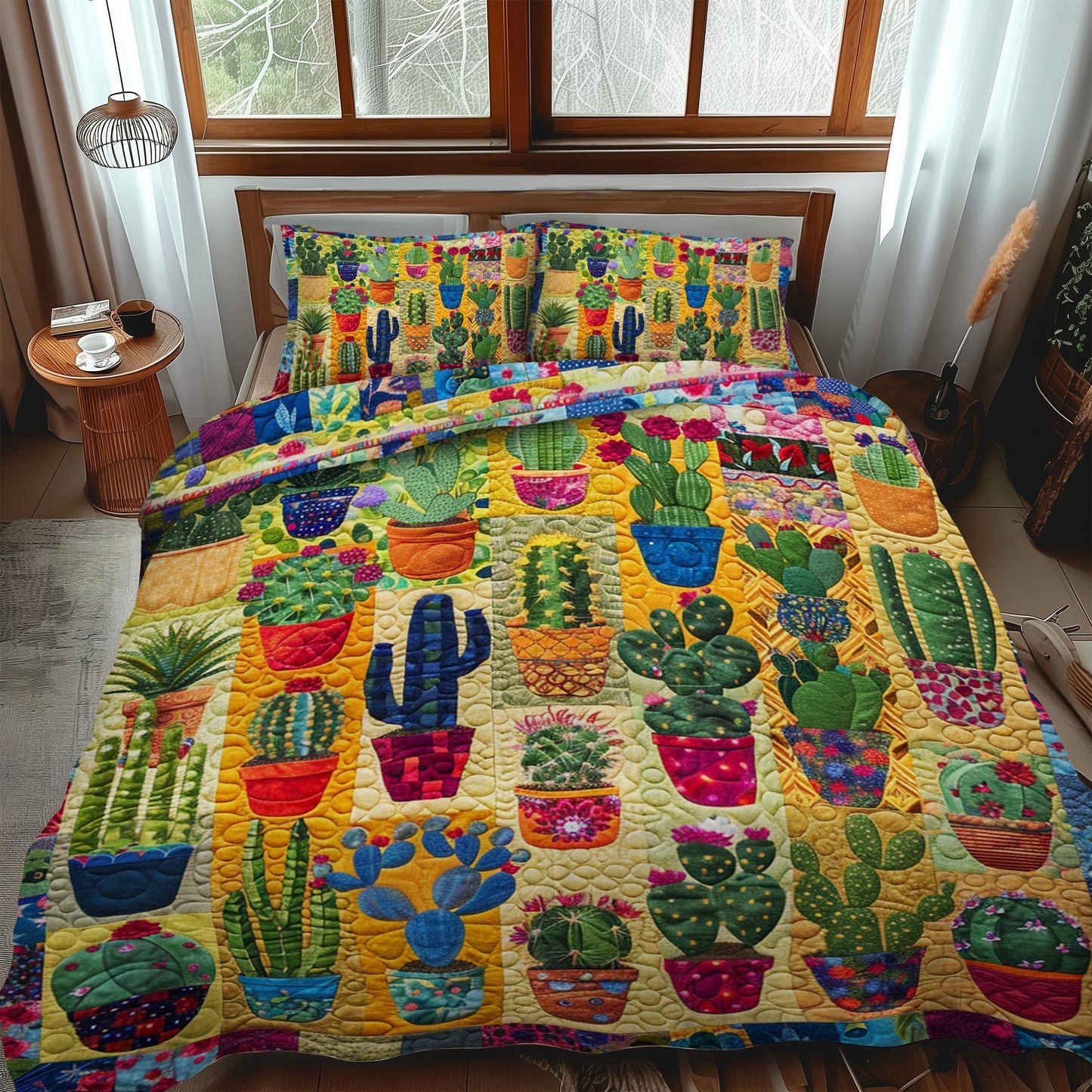 Single (59'' x 70'') /Blooming Cacti 3-Piece Quilted Bedding Set
