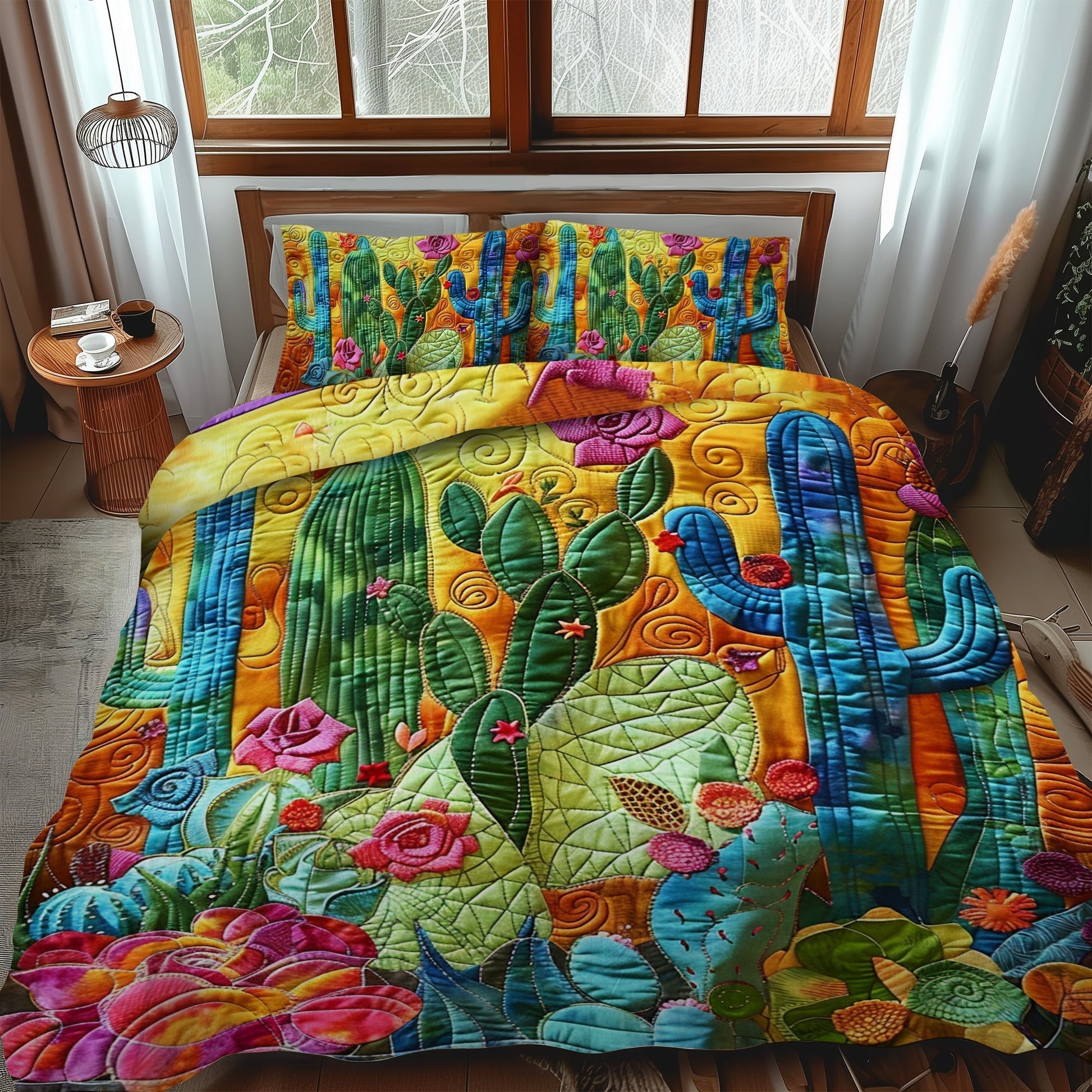 Single (59'' x 70'') /Blossoming Cactus Elegance 3-Piece Quilted Bedding Set