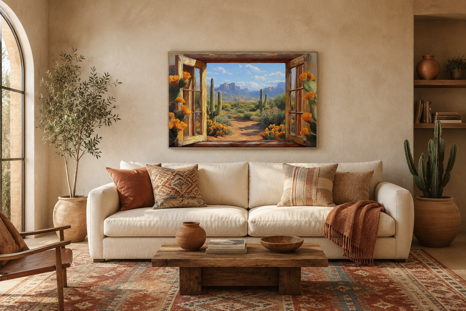 Desert Cactus Window View Canvas Wall Art - Mexican Wall Decor