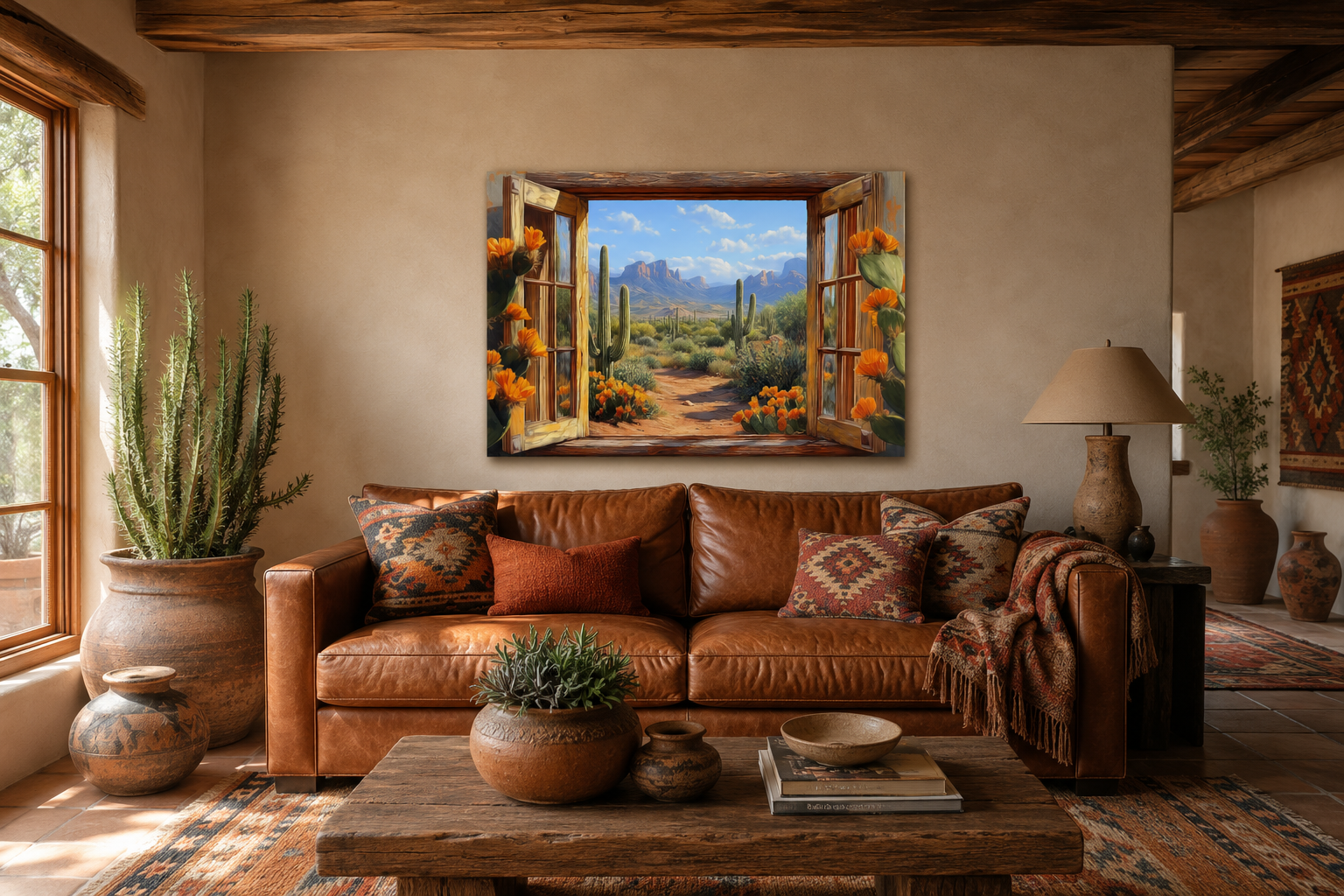 Desert Cactus Window View Canvas Wall Art - Mexican Wall Decor