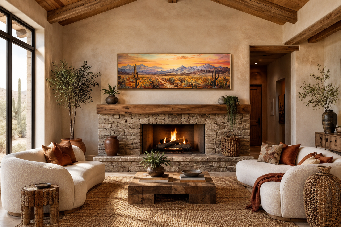 Arizona Desert Landscape At Sunset Long Horizontal Framed Canvas Wall Art