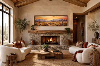Arizona Desert Landscape At Sunset Long Horizontal Framed Canvas Wall Art