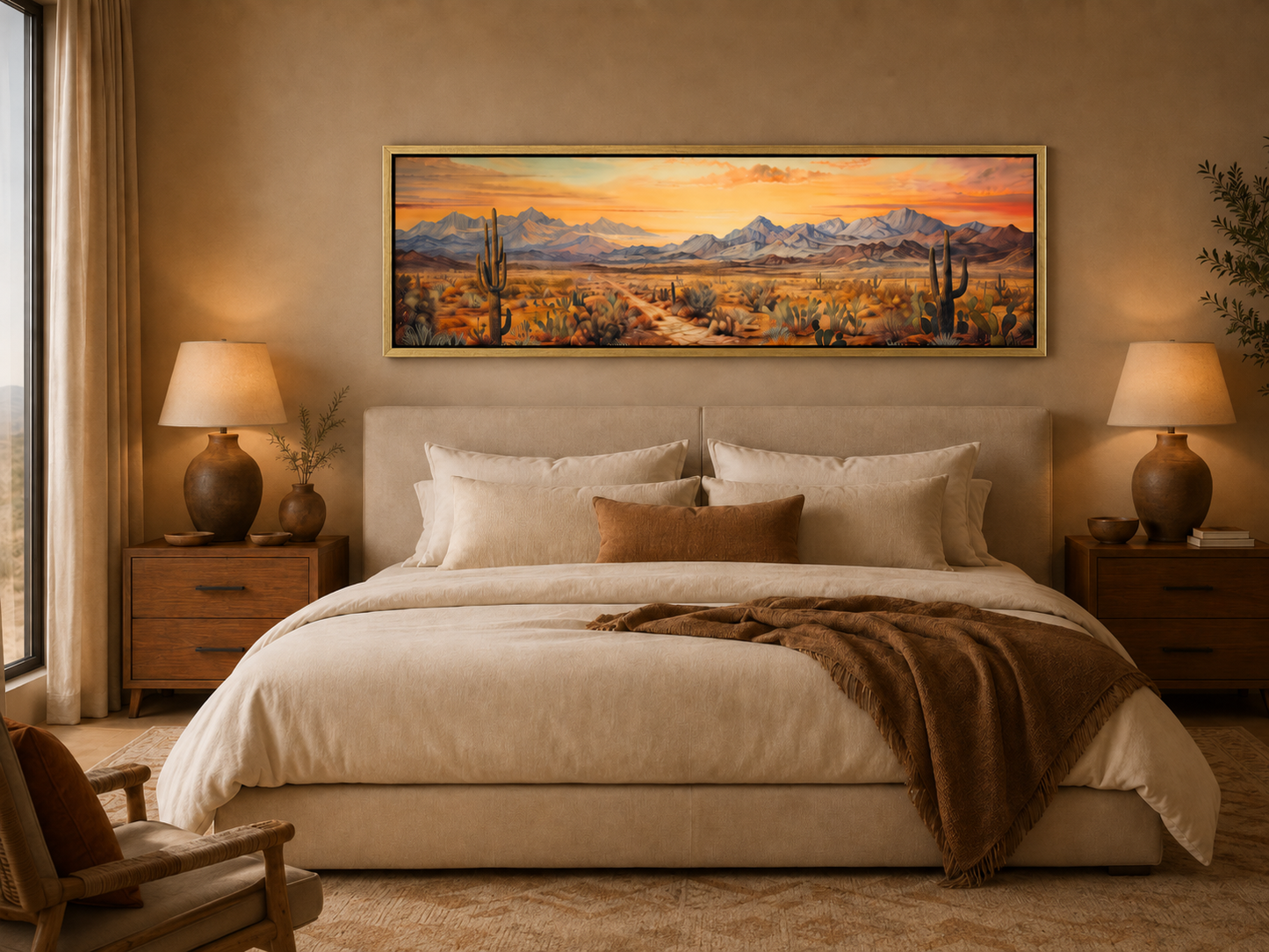 Arizona Desert Landscape At Sunset Long Horizontal Framed Canvas Wall Art