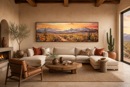 Arizona Desert Landscape At Sunset Long Horizontal Framed Canvas Wall Art
