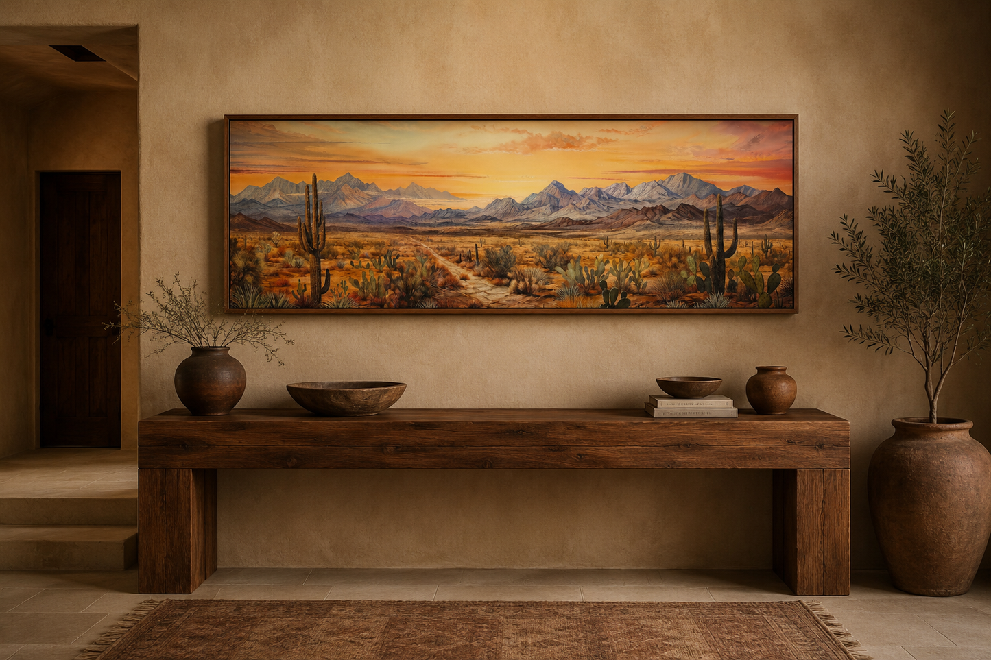 Arizona Desert Landscape At Sunset Long Horizontal Framed Canvas Wall Art