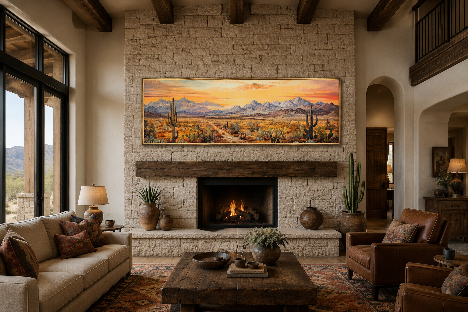 Arizona Desert Landscape At Sunset Long Horizontal Framed Canvas Wall Art