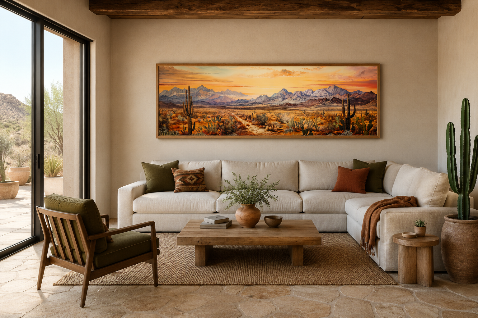 Arizona Desert Landscape At Sunset Long Horizontal Framed Canvas Wall Art