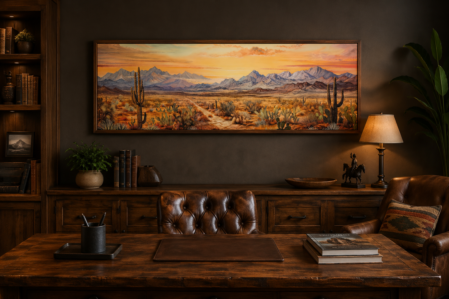 Arizona Desert Landscape At Sunset Long Horizontal Framed Canvas Wall Art