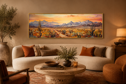 Arizona Desert Landscape At Sunset Long Horizontal Framed Canvas Wall Art