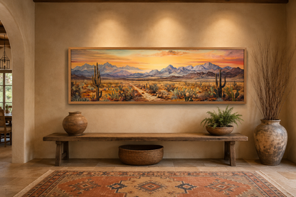 Arizona Desert Landscape At Sunset Long Horizontal Framed Canvas Wall Art