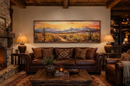 Arizona Desert Landscape At Sunset Long Horizontal Framed Canvas Wall Art