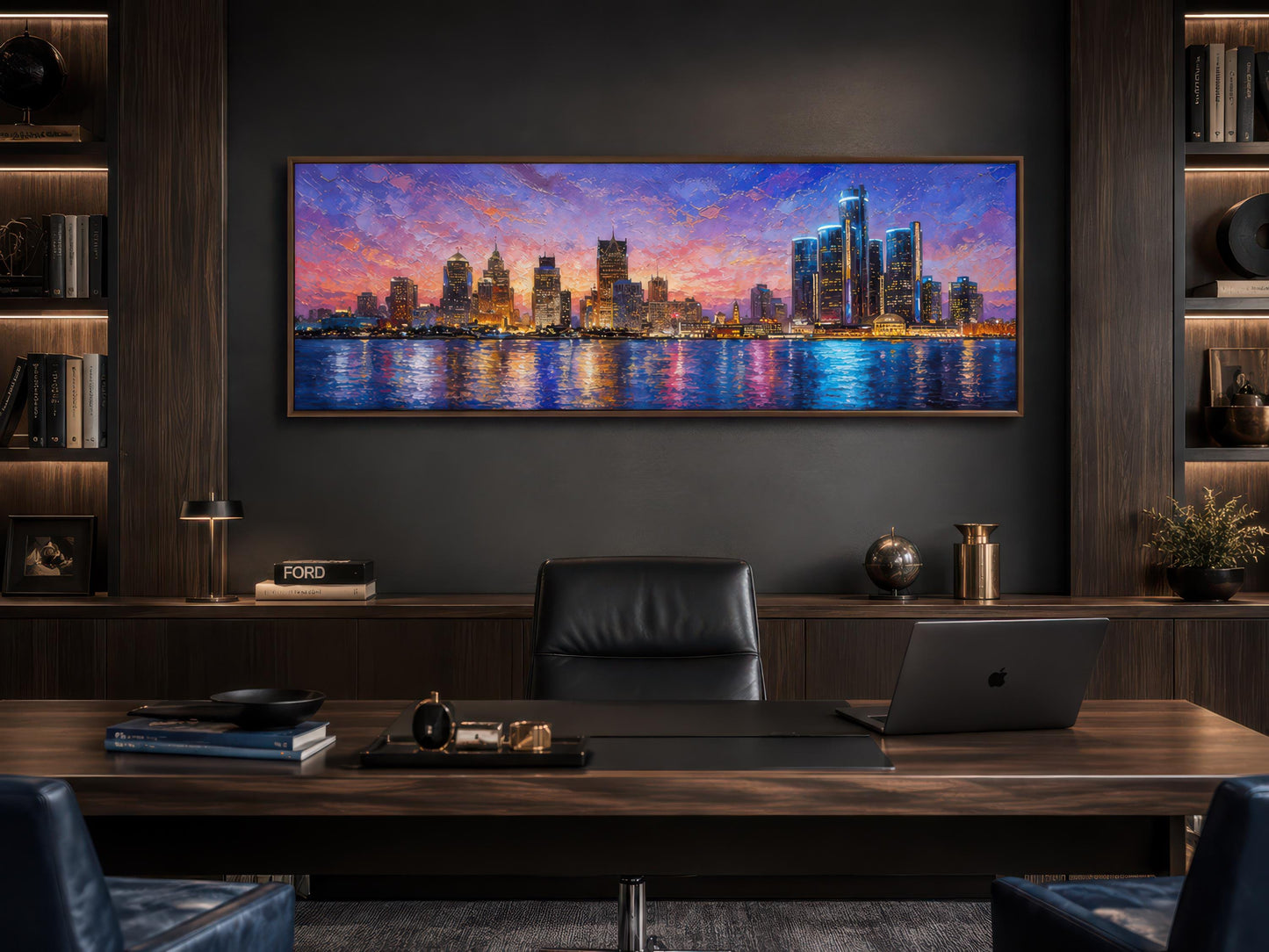 Detroit City Skyline Art – Long Horizontal Canvas Print | Sunset Cityscape Decor