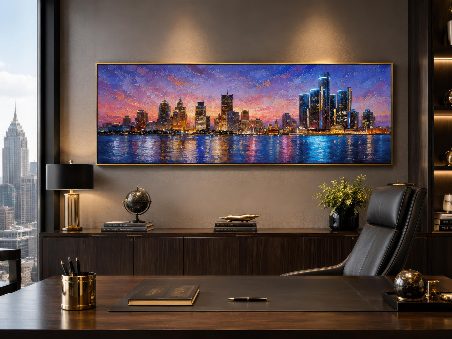 Detroit City Skyline Art – Long Horizontal Canvas Print | Sunset Cityscape Decor