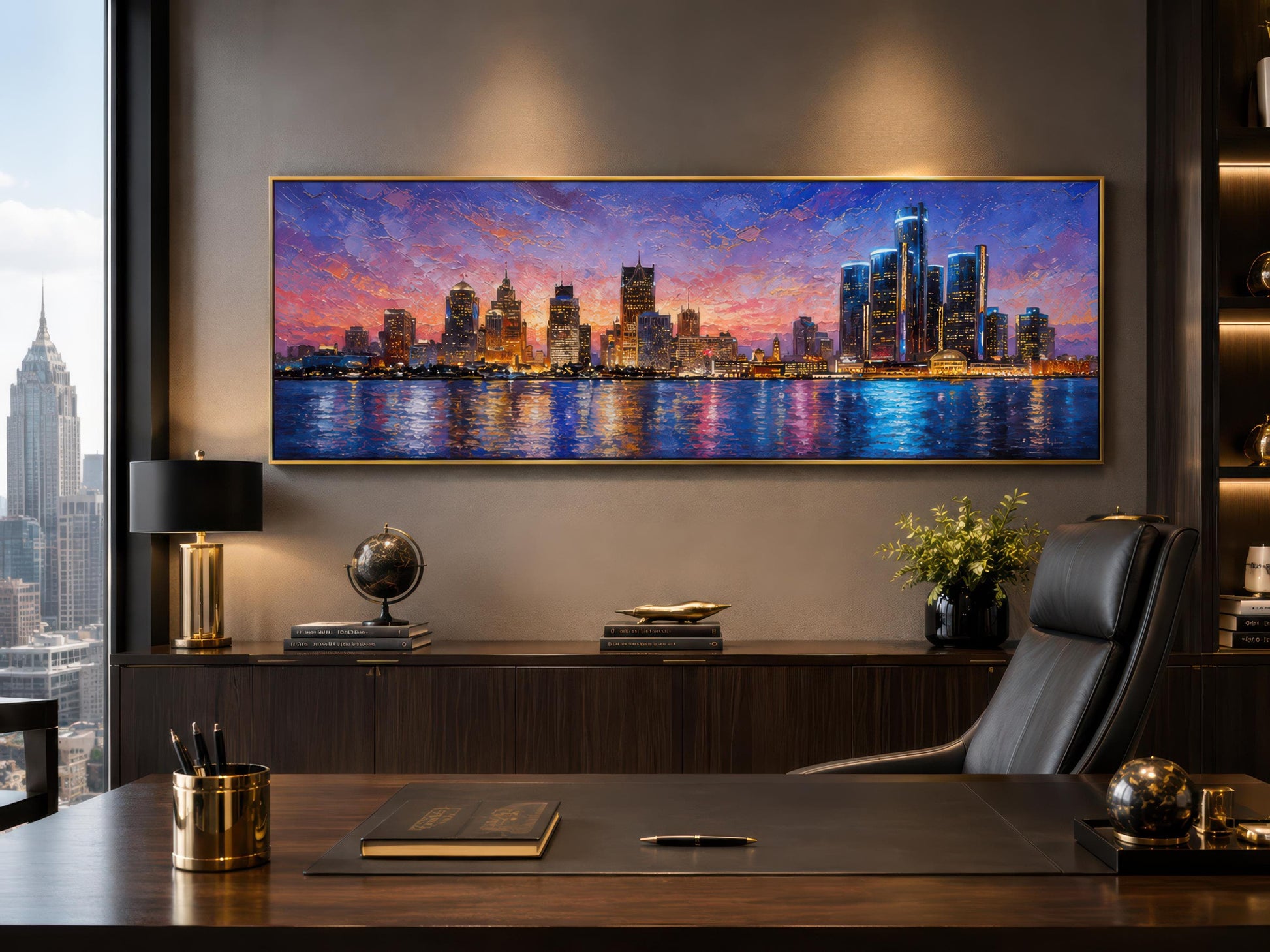 Detroit City Skyline Art – Long Horizontal Canvas Print | Sunset Cityscape Decor