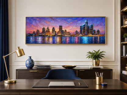 Detroit City Skyline Art – Long Horizontal Canvas Print | Sunset Cityscape Decor