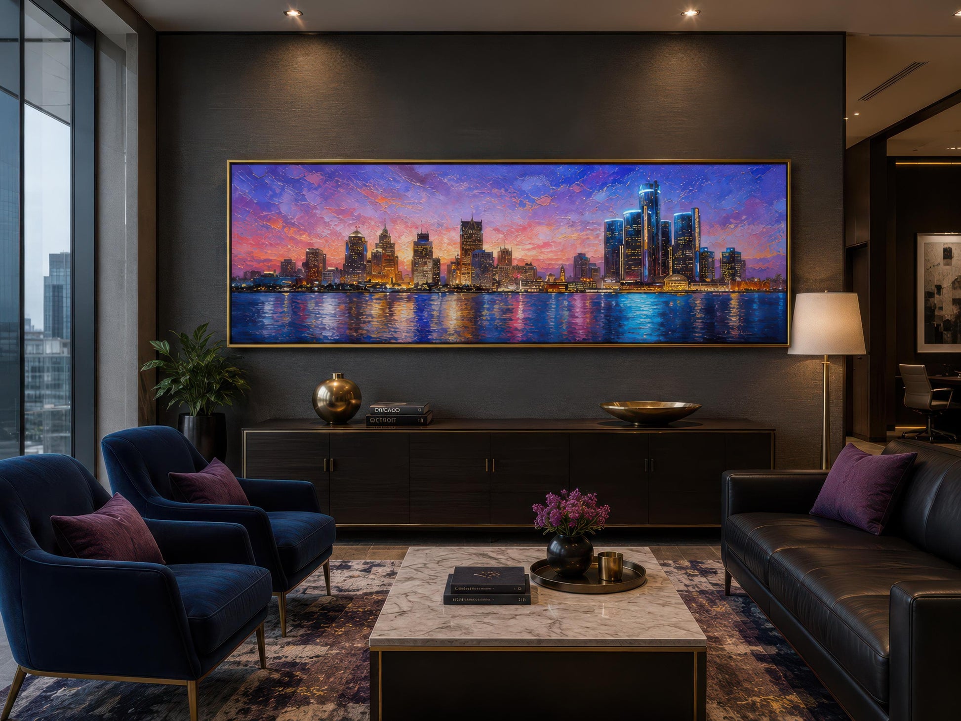 Detroit City Skyline Art – Long Horizontal Canvas Print | Sunset Cityscape Decor