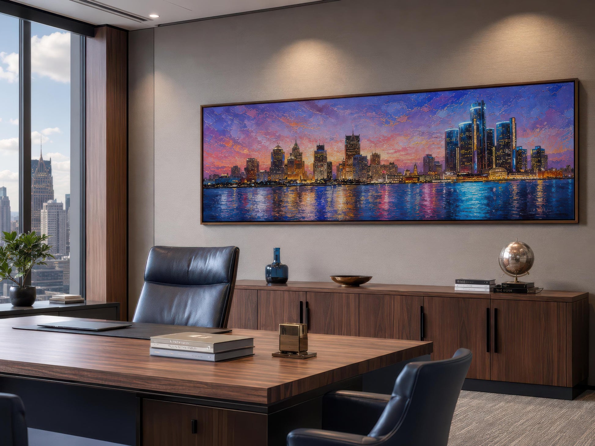 Detroit City Skyline Art – Long Horizontal Canvas Print | Sunset Cityscape Decor