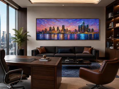 Detroit City Skyline Art – Long Horizontal Canvas Print | Sunset Cityscape Decor