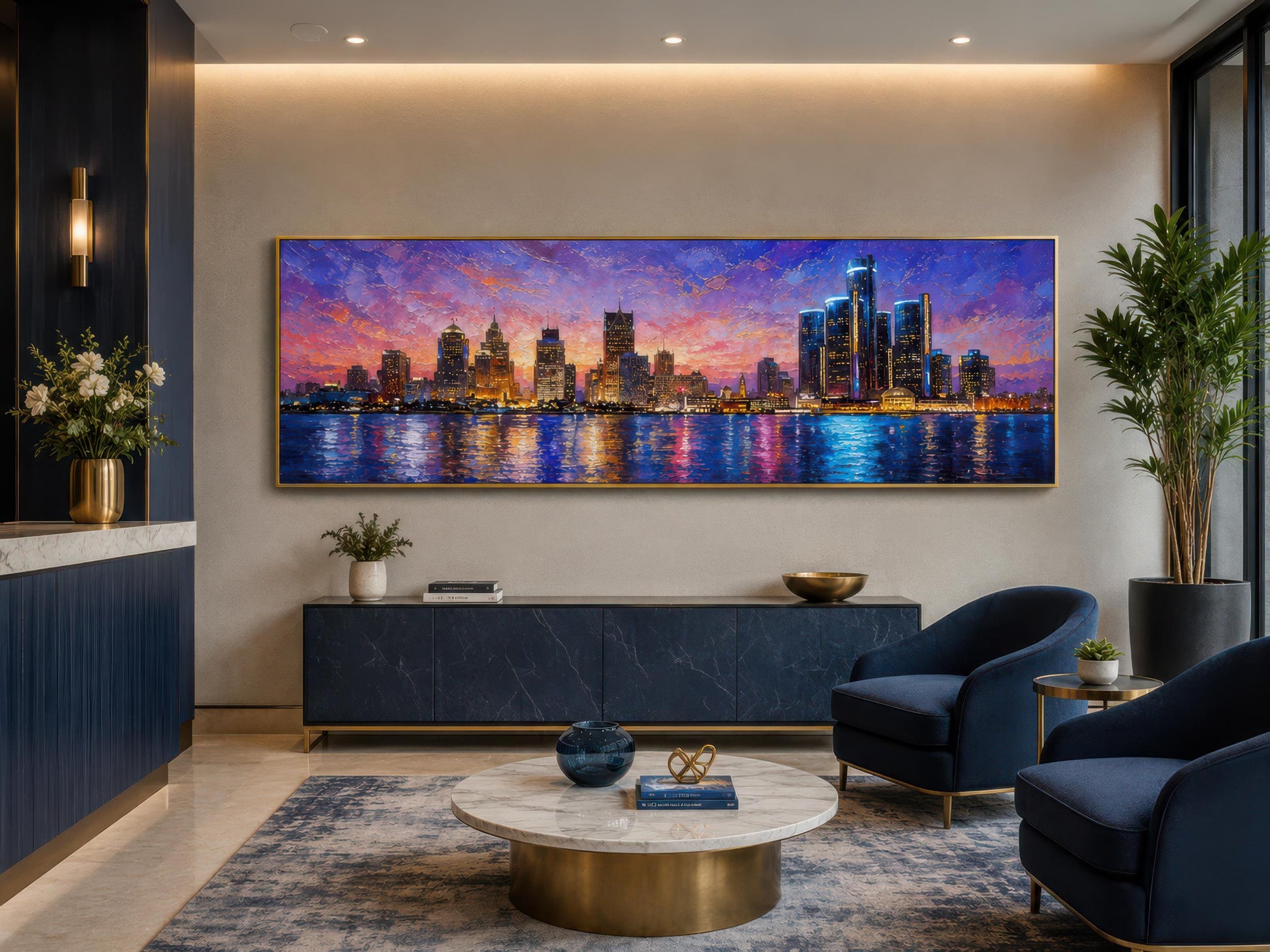Detroit City Skyline Art – Long Horizontal Canvas Print | Sunset Cityscape Decor