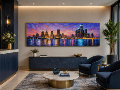 Detroit City Skyline Art – Long Horizontal Canvas Print | Sunset Cityscape Decor