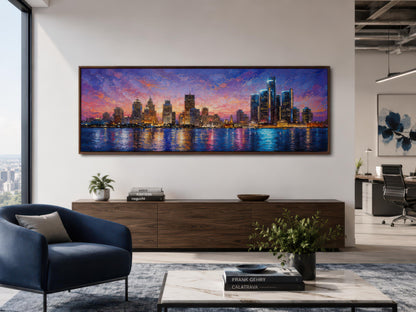 Detroit City Skyline Art – Long Horizontal Canvas Print | Sunset Cityscape Decor