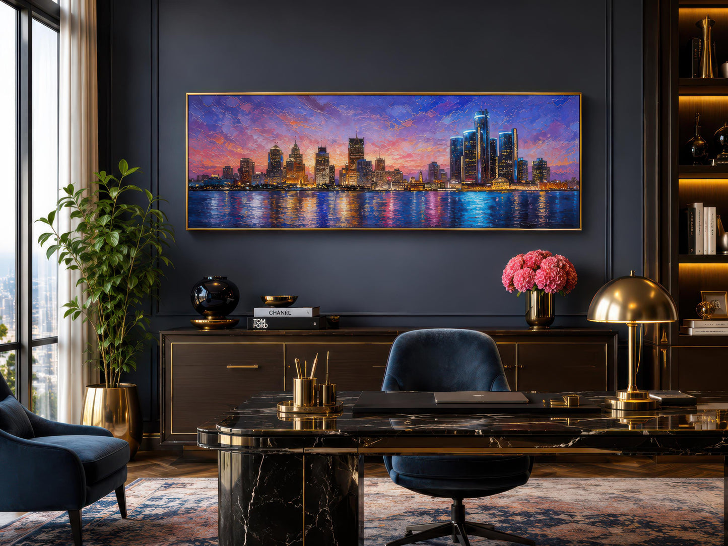 Detroit City Skyline Art – Long Horizontal Canvas Print | Sunset Cityscape Decor