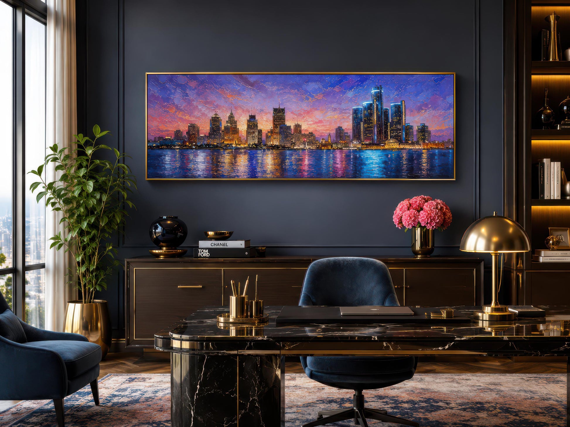 Detroit City Skyline Art – Long Horizontal Canvas Print | Sunset Cityscape Decor