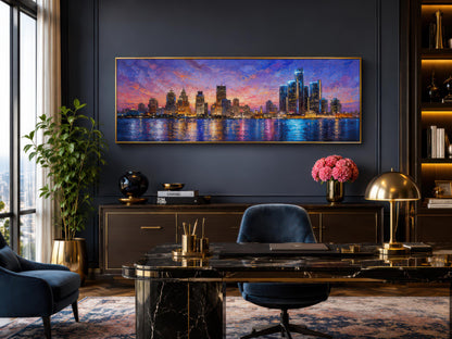 Detroit City Skyline Art – Long Horizontal Canvas Print | Sunset Cityscape Decor