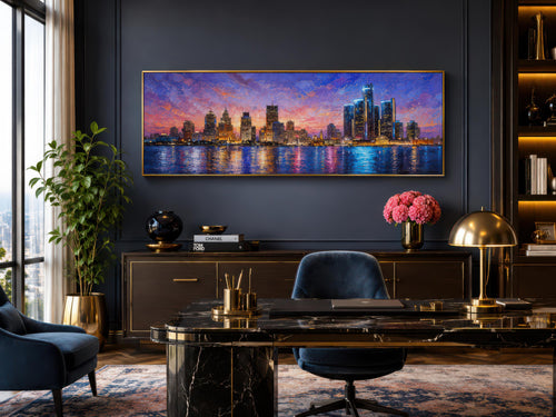 Detroit City Skyline Art – Long Horizontal Canvas Print | Sunset Cityscape Decor