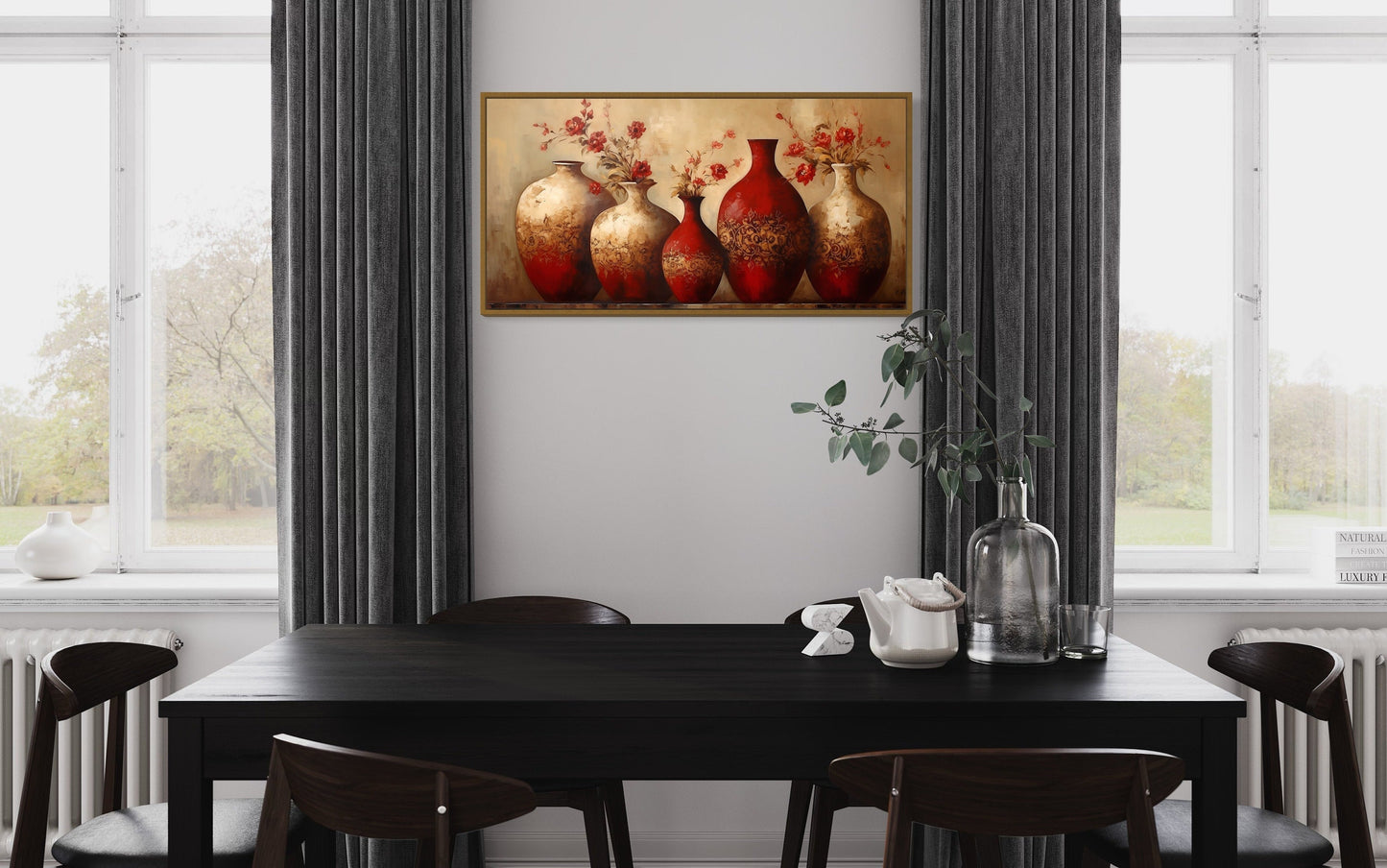 Dining Room Framed Canvas Wall Art Red Gold Vases With Flowers Painting